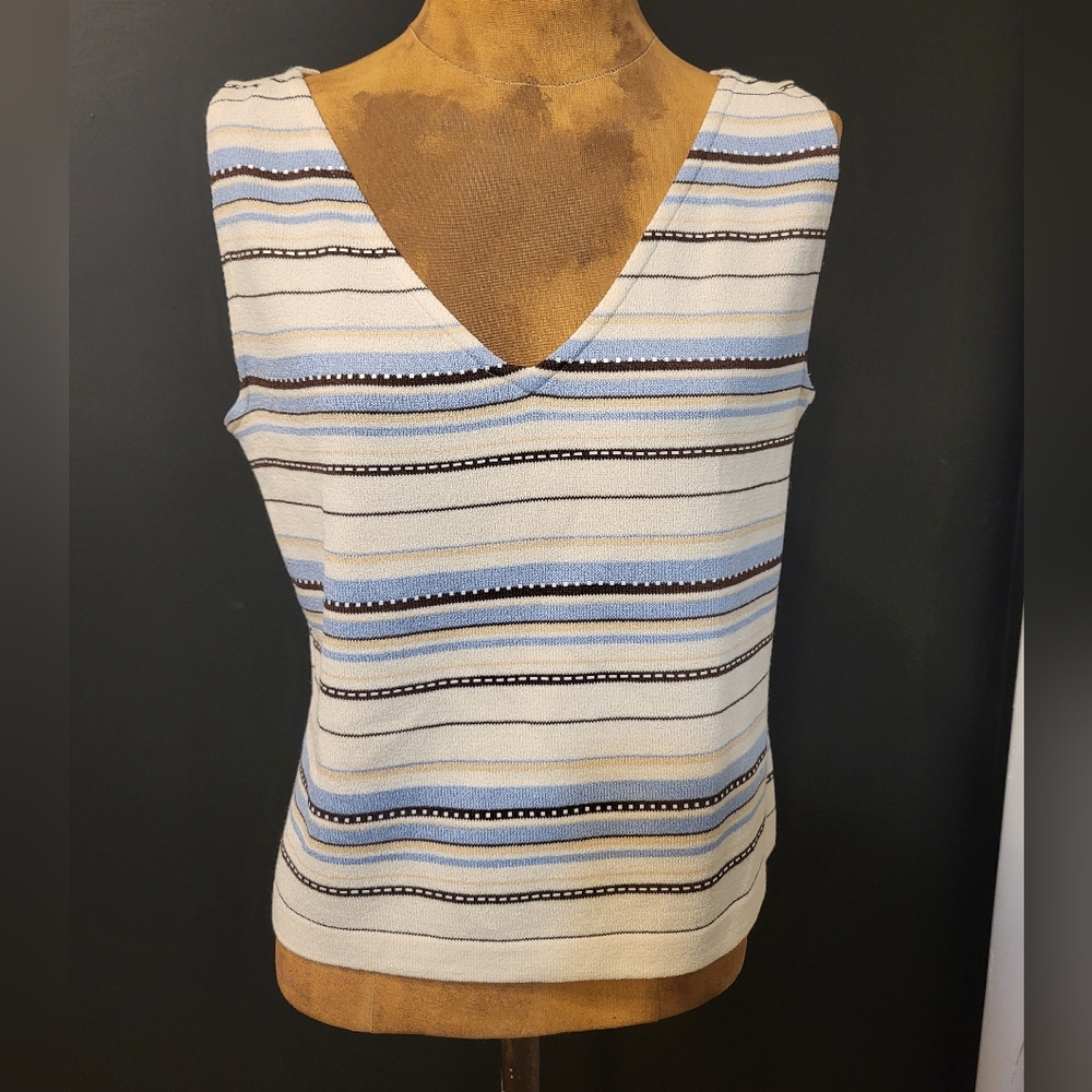 St. John Sleeveless Top Knit Sweater V Necl Porcelain Blue Stripe NWT Small
